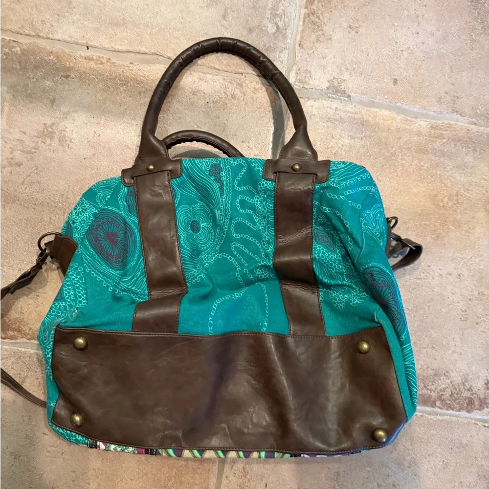 Desigual boho Teal and Brown Patterned Satchel New and Good words on front - Picture 3 of 5